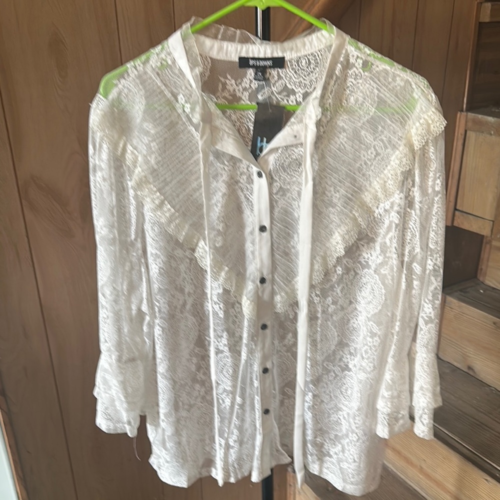 White Ruffled Bib Collar Blouse with 3/4 Sleeves